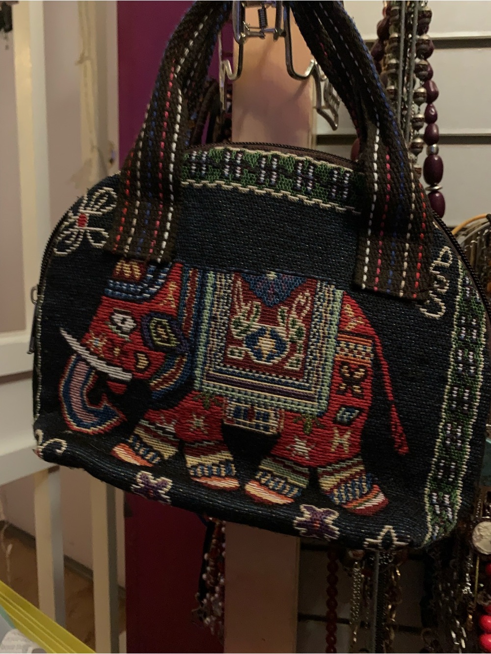 Embroidered Elephant Shoulder Bag in Black and Red